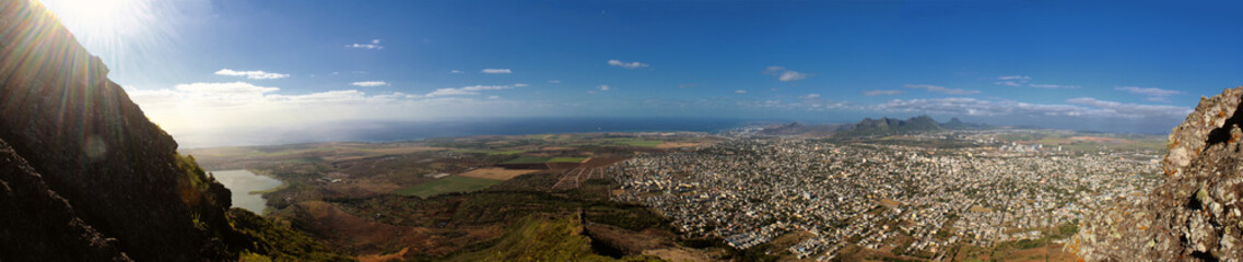 Fototapeta na wymiar Panoramic view from top of 'Corps de Garde' mountain during afternoon in Mauritius