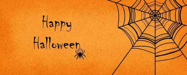 Happy halloween background with scary black spider and spider web illustration, spider web border and happy halloween greeting written by creepy spider on orange background party invites or website