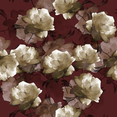 Photo flowers on brown background. Seamless pattern  with white roses.