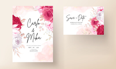romantic hand drawn maroon floral wedding invitation card
