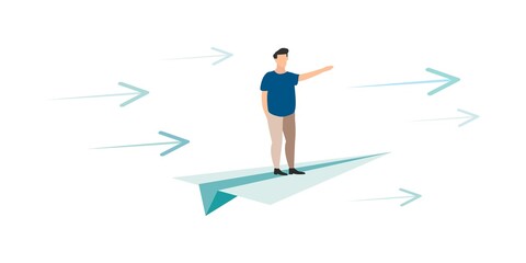 Art & Illustration One Businessman standing on a paper plane flying up into the sky while flying above a arrow graph. business finance success. leadership. start up. creative idea. Vector