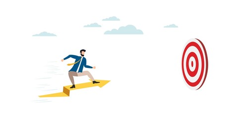The businessman on the arrow flies forward. striving to the top. The team provides support, grows together. Vector illustration for teamwork, collaboration concept.