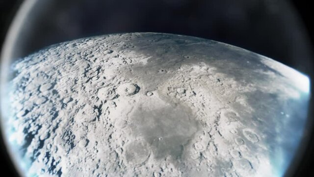 Moon surface seen from spaceship moon lander hatch window. Orbiting the moon with craters.