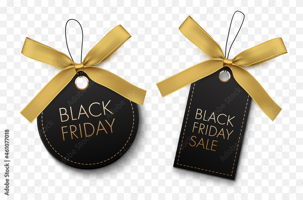 Sticker Black Friday sale black labels with gold bow isolated on white background. Vector tags