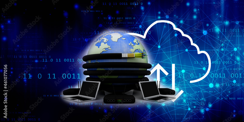 Poster 3d rendering fiber optical cable detail connected globe around computer network