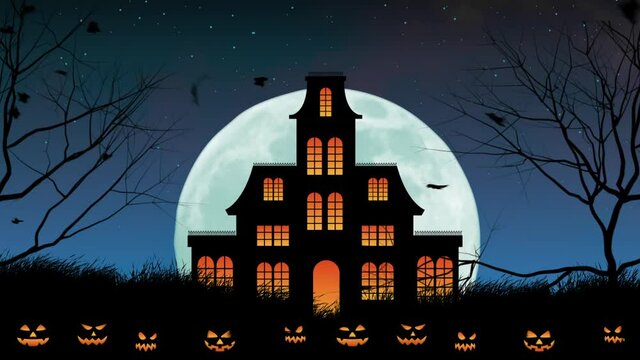 Halloween Background HD animation - Dark Blue Night Halloween background with Pumpkins and haunted house and bats flying over the moon