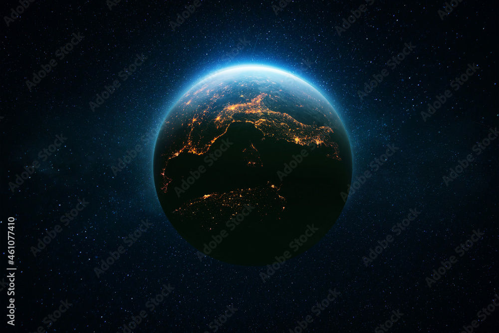 Wall mural amazing beautiful blue planet earth with bright night city lights in starry space. life concept. civ