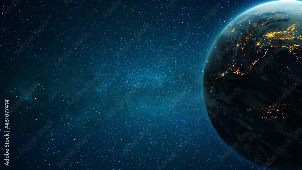 Poster amazing deep space with stars and a blue planet earth with city lights at night. space for design an