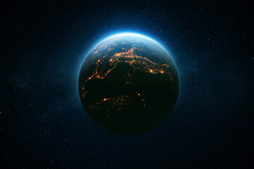 Amazing beautiful blue planet Earth with bright night city lights in starry space. Life Concept. Civilization. Space Wallpaper.