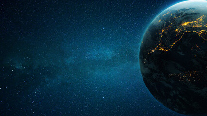 Amazing deep space with stars and a blue planet Earth with city lights at night. Space for design and text.
