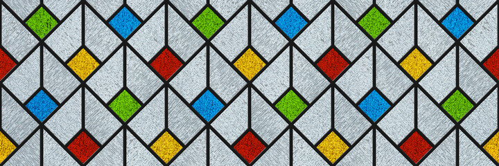Seamless colored stained glass window. Endless pattern. Art Deco. Abstract geometric stained-glass background. Bright colors, colorful. Modern stained glass. Transparent. Design interior. Translucent.