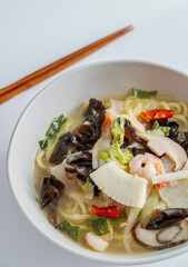 Korean style spicy white noodle soup with seafood 'hayan jjamppong'