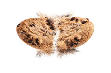 Falling broken chocolate chip cookies isolated on white background. Concept creative sweet food