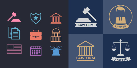 Business Policies Icons. Lawyer icons in flat style.