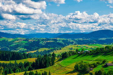 Naklejka premium pastures of young green grass on the slopes of the mountains against the backdrop of a beautiful blue sky. High quality photo