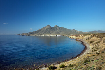Fototapeta na wymiar View of the mountains on the seascape of Cabo de Gata in Almería