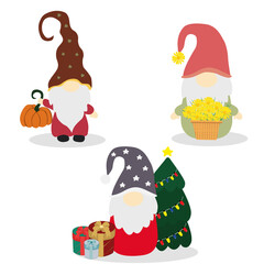 Set of Cute Cartoon Dwarf. Little garden gnomes. Christmas gnomes, spring gnomes and autumn gnomes. Vector illustration.