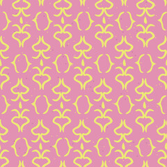 Vector cartoon vintage abstract seamless pattern with yellow elements on pink background.