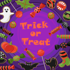 Vector cartoon sweets for Halloween. Trick or treat, cookies, sweets, lollipops, chewing gum.