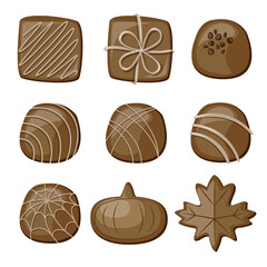 Vector set of chocolates with different decoration elements isolated on white background.