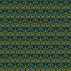 Fototapeta premium Vector vintage floral seamless pattern with golden elements on dark green background.