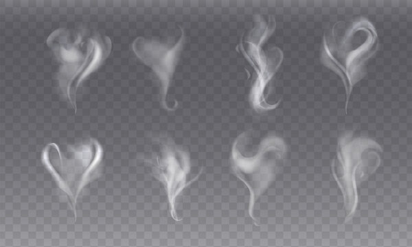 Realisitc set with steam smoke different shapes on gray background. Abstract fume waves or white vapor from coffee or tea, hot food or drink, cigarette. Transparent elements for menu. Fog effect.