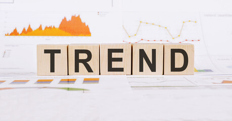 On a light background, graphs, diagrams and wooden cubes with the word TREND.