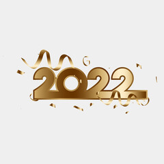 Happy New Year 2022 design. Golden 3D numbers with ribbons and confetti , isolated on transparent background.