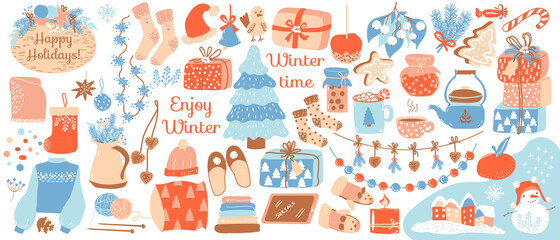Winter set. Vector items of hand drawn elements of clothes, kitchenware, gift boxes, garlands, gingerbread, candy, christmas toys. Trendy objects for cozy winter time