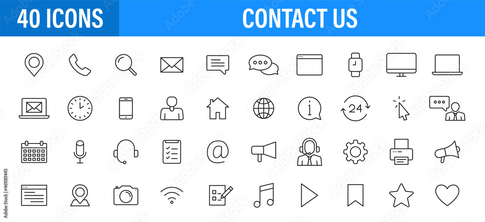 Poster set of 24 contact us icons in line style. web and mobile icon. chat, support, message, phone. vector