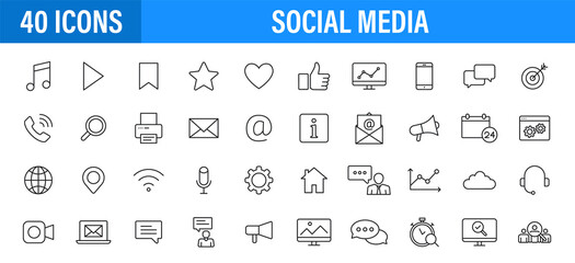 Set of 24 Social Media icons in line style. Contact, digital, social networks, technology, website. Vector illustration