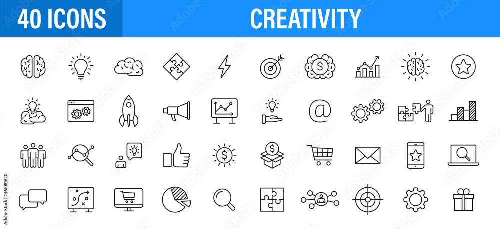 Poster set of 24 creativity and idea web icons in line style. creativity, finding solution, brainstorming, 