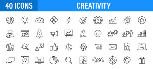 Set of 24 Creativity and Idea web icons in line style. Creativity, Finding solution, Brainstorming, Creative thinking, Brain. Vector illustration