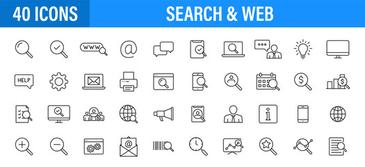 Set of 24 Search web icons in line style. SEO analytics, Digital marketing data analysis, Employee Management. Vector illustration
