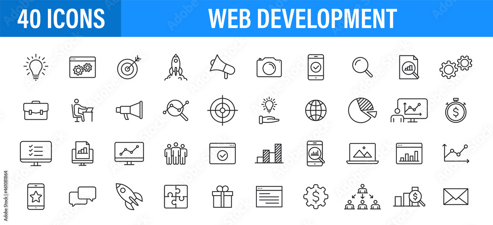 Poster set of 24 web development web icons in line style. marketing, analytics, e-commerce, digital, manage
