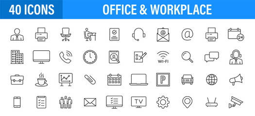 Fototapeta na wymiar Set of 24 Office and workplace web icons in line style. Teamwork, workplace, coffee, work, business, employee. Vector illustration