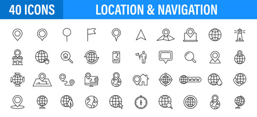 Set of 24 Navigation and location, map, globe web icons in line style. GPS, compass, global, marker, map, pointer Vector illustration