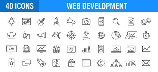 Set of 24 Web development web icons in line style. Marketing, analytics, e-commerce, digital, management, seo. Vector illustration