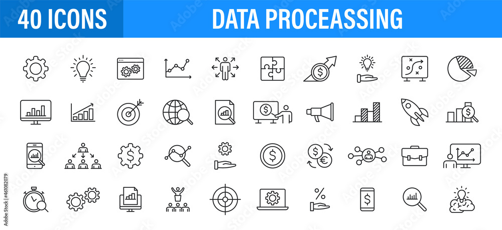 Poster set of 24 data proceassing web icons in line style. graphic, analytics, statistic, network, diagrams