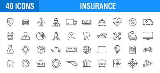 Set of 24 Insurance web icons in line style. Business, health, policy, tornado, flood, help Vector illustration