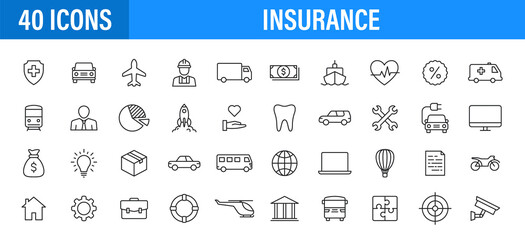 Fototapeta na wymiar Set of 24 Insurance web icons in line style. Business, health, policy, tornado, flood, help Vector illustration