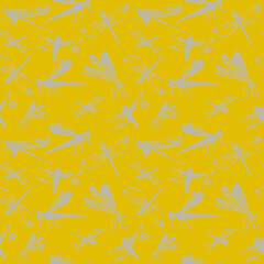 Glass dragonfly on a yellow background with patches of light. samless pattern