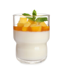 Delicious panna cotta with mango coulis isolated on white