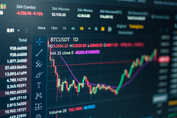 Financial data on a monitor, including Market Analyze. Bar charts, diagrams, Financial Figures. Abstract desktop background of currency graph interface. Investment, trade, stocks and finance