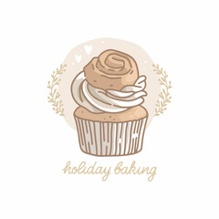Delicious festive cupcake. Cream and cinnamon roll. Holiday baking lettering. Abstract shape background with texture. Plant twigs and hearts. Confectionery, baked goods. Hand-drawn vector illustration