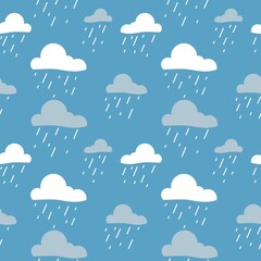 Fototapeta premium Seamless pattern white and gray clouds with rain on a blue background