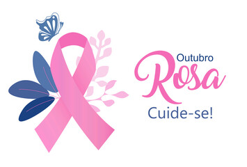 Pink October. Take care of yourself in Portuguese language. Breast cancer awareness month vector.