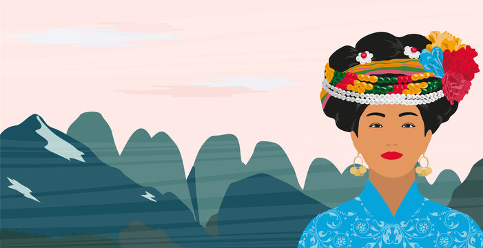 Portrait of a beautiful Mosuo women in China in a national costume on the background of a mountain landscape.Vector illustration.