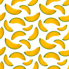Fototapeta premium Juicy pieces of delicious melon on a white plate. Seamless patterns. Vibrant print for apparel design, textiles or printed paper packaging