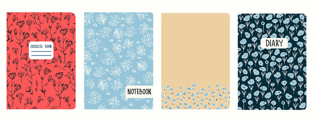 Fototapeta na wymiar Set of cover page templates based on patterns with anemone, other flowers, inflorescences in Ditzy style. Backgrounds for notebooks, notepads, diaries. Headers isolated and replaceable